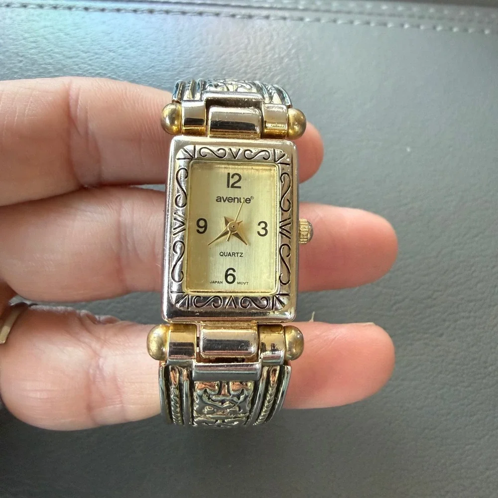 Avenue Womens Two Tone Quartz Cuff Bangle Watch Ornate Celtic Scrollwork Works